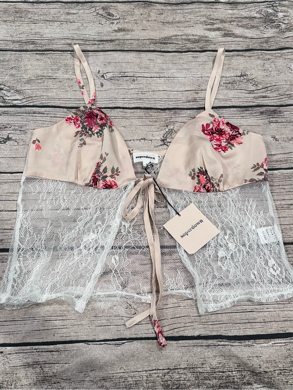 NWT superdown Lace and Satin Crop Top / Lingerie Top; Tie Front Size Large